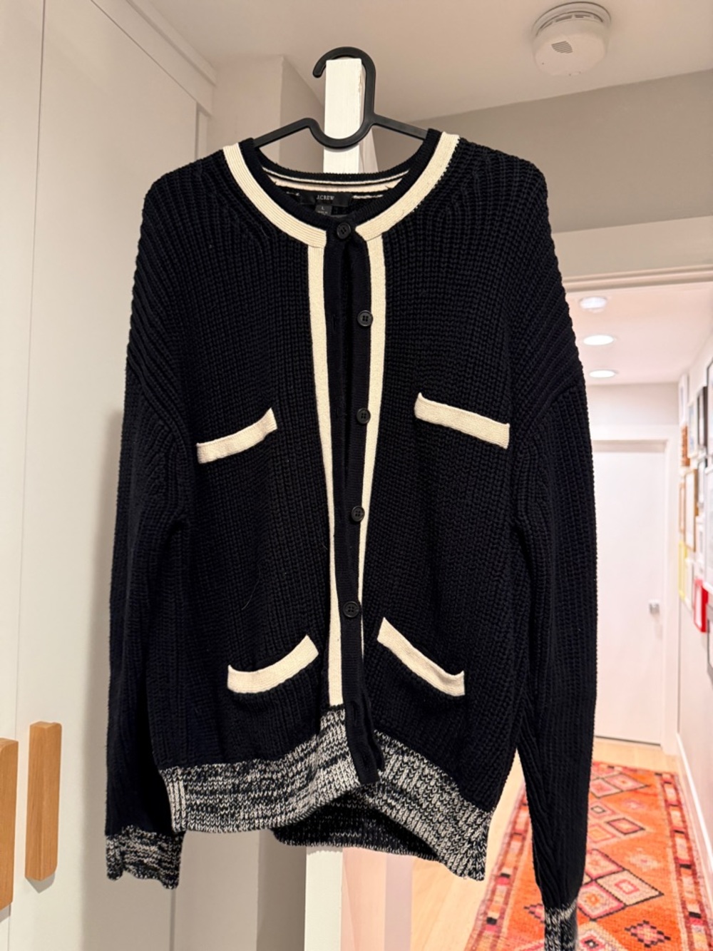 JCrew Classic Black Cardigan Sweater with Ivory Trim